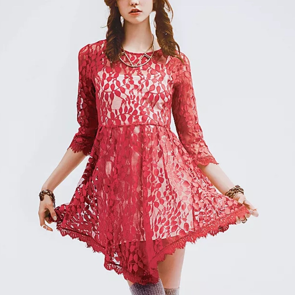 Free People Asymmetrical Red Lace Dress